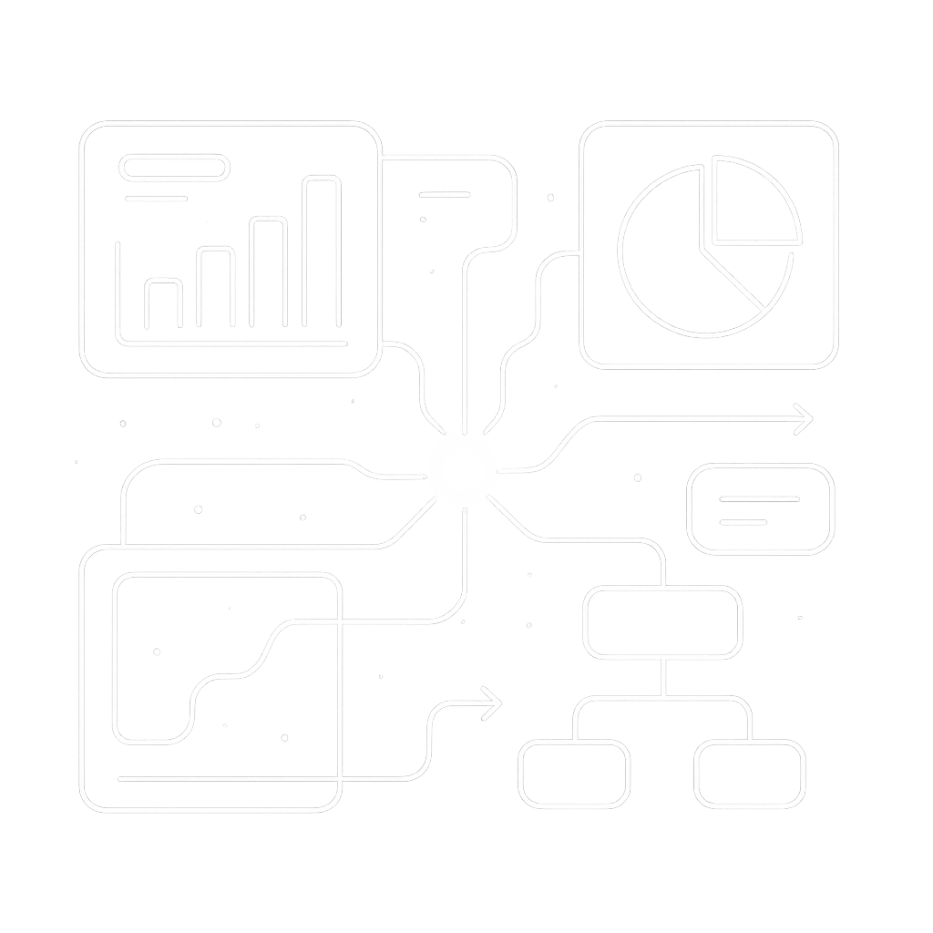 Technical line-art illustration featuring interconnected data charts, pie diagrams, and flowcharts representing strategic digital consulting and business analysis