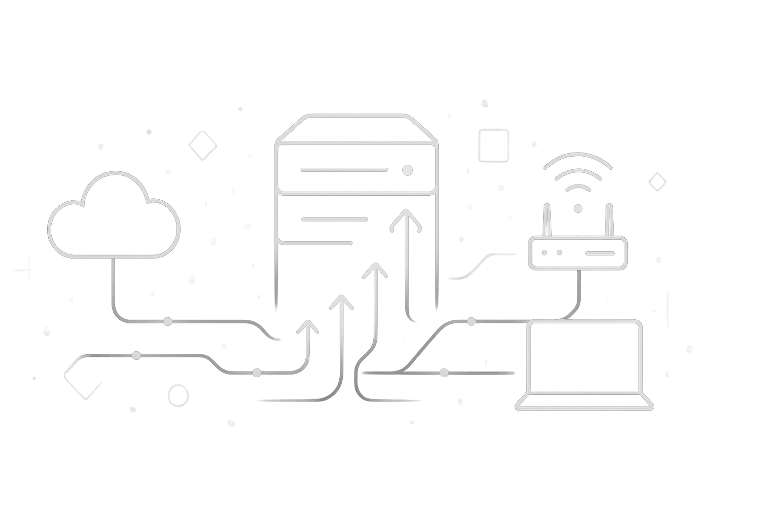 Line-art illustration showing a central server rack connected to cloud systems, a wireless router, and a laptop, symbolizing secure IT infrastructure and network setup services