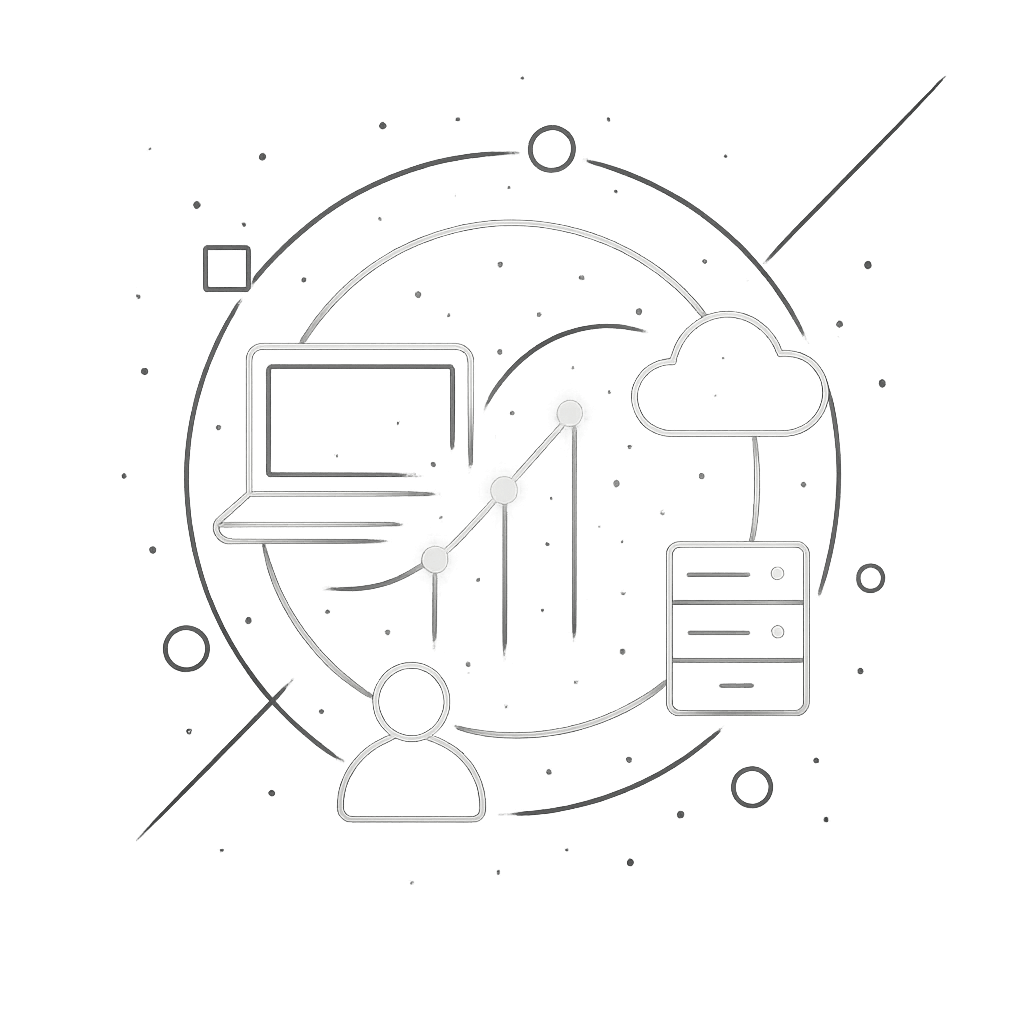 Line-art illustration featuring a laptop, cloud icon, and server stack with a growth graph, representing managed IT services and cloud infrastructure solutions