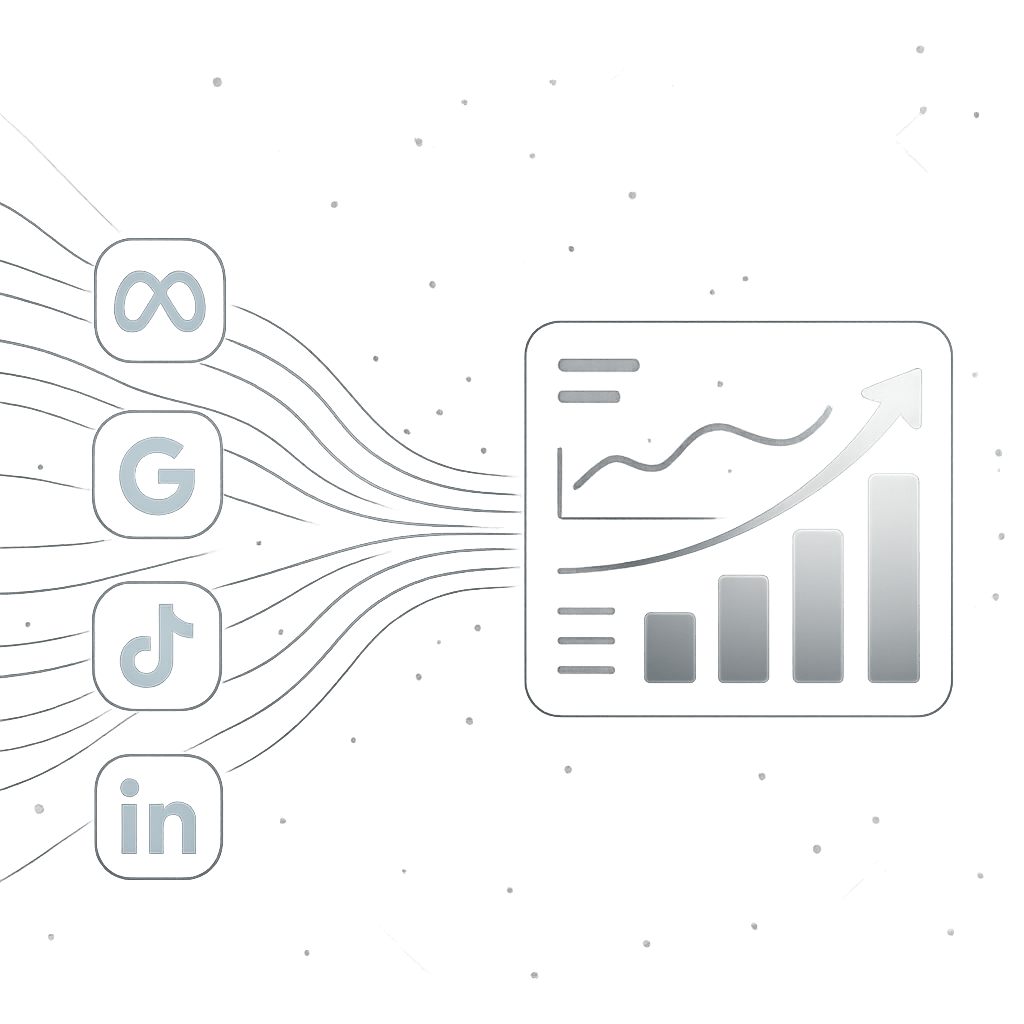 Digital marketing dashboard showing growth metrics and data analytics from Meta, Google, TikTok, and LinkedIn ad campaigns